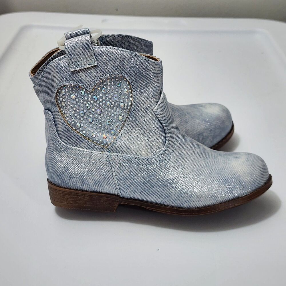 Jellypop Girls Rhinestone Westen Cowboy Boots Blue Denim Heart Pull-on Size 9